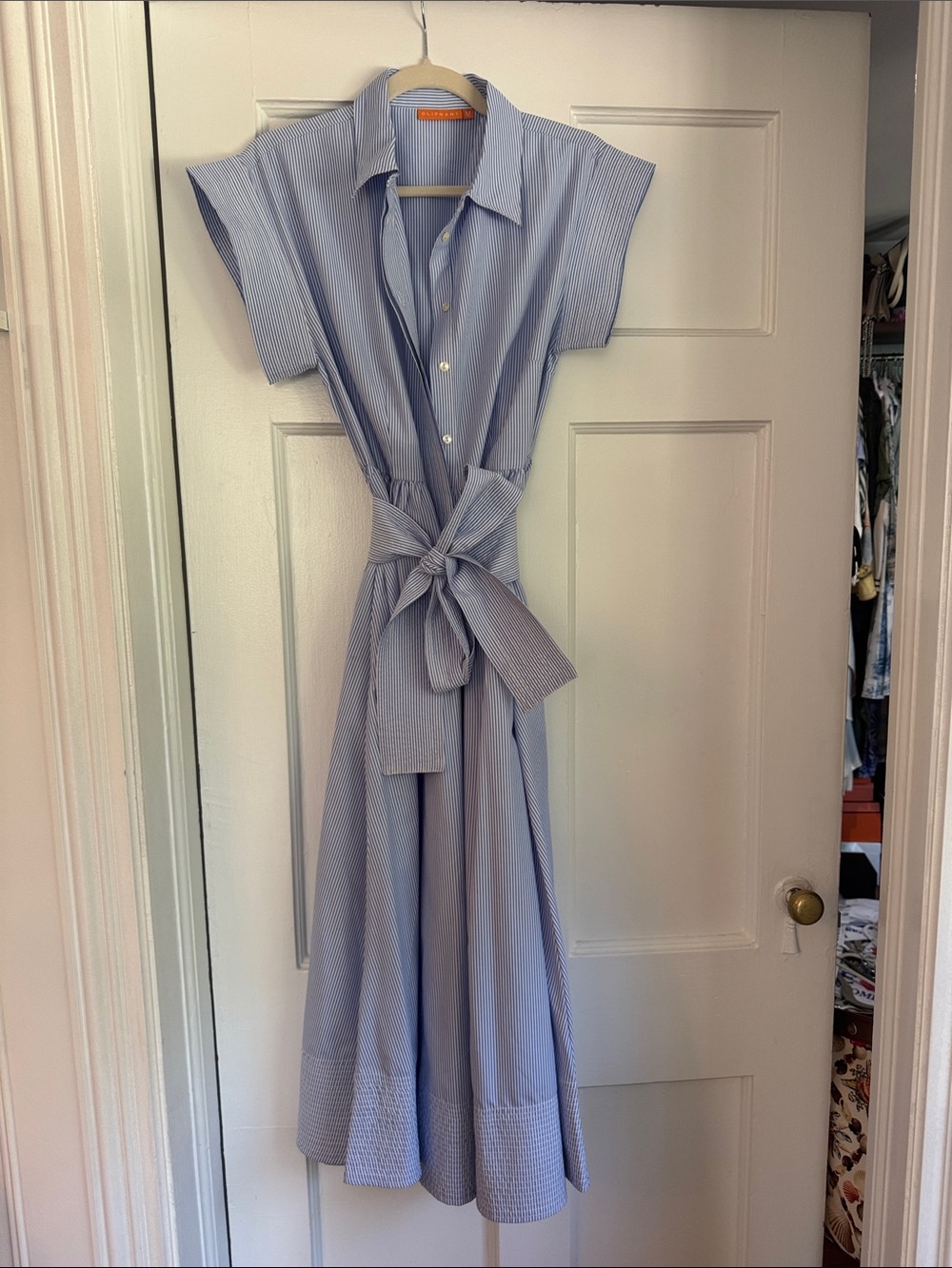Oliphant Light Blue Striped Tie-Waist Midi Dress